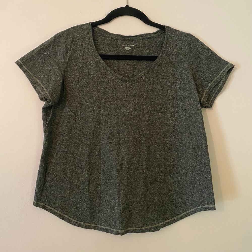 Eileen Fisher Gray V-neck Minimalist Tee T-Shirt Cotton Linen Women size Medium